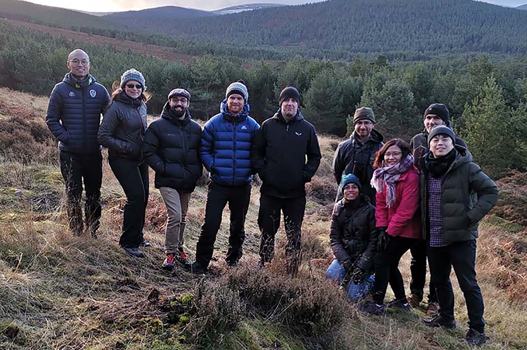Karim's group in the Caledonian forest at Glen Tanar, 60 miles north of Dundee, on a lab retreat on 11th December 2019