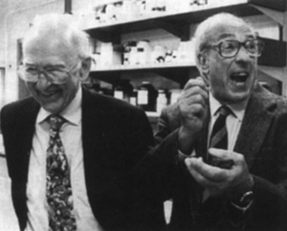 Edwin Krebs (left) and Edmond Fischer (right) in 1992 after hearing that they have received the Nobel Prize for Physiology or Medicine