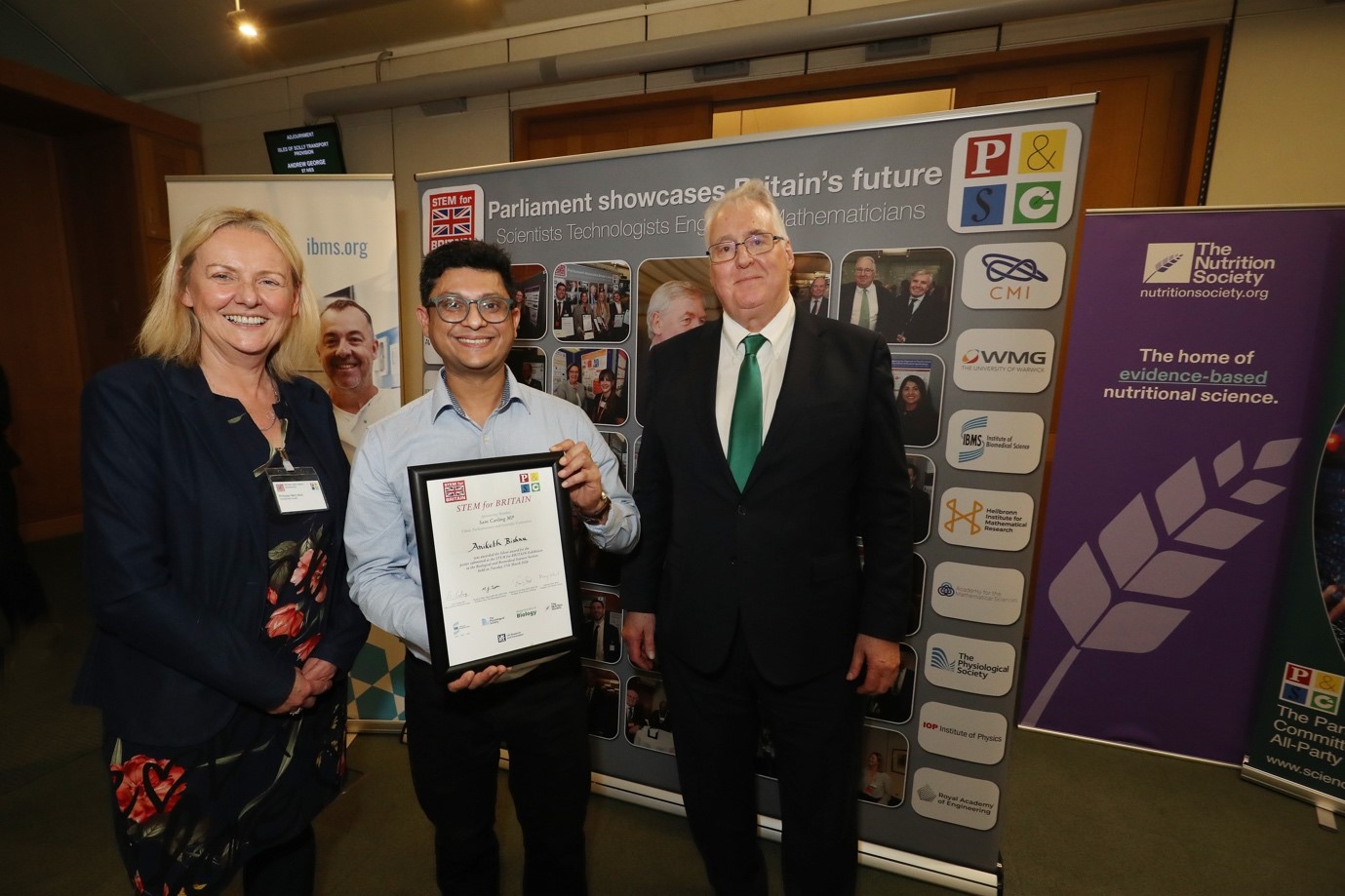 Dr Bishnu with Prof. Mary Ward (President of The Nutrition Society, Professor of Nutrition and Dietetics, Ulster University) and Stephen Benn, 3rd Viscount Stansgate (President, Parliamentary and Scientific Committee)