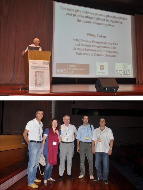 TOP: Philip beginning his lecture BOTTOM: Philip (centre) with former members of the MRC-PPU (L-R) Jose Lizcano, Ana Cuenda, Antonio Casamayor and Jose Bayascas Dundee reunion in Barcelona
