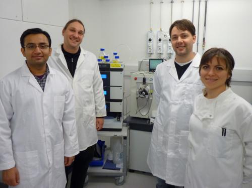 L-R: Kshitiz Tyagi, Matthias Trost, Patrick Pedrioli, Stella Ritorto Trost lab publishes novel fractionation technique for deep-proteome analysis