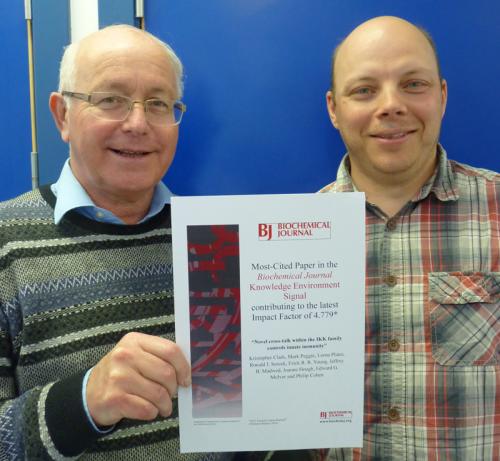 Philip Cohen (L) and Kris Clark (R) with Biochemical Journal citation Most Cited paper