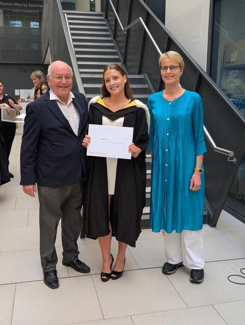 Kodi Hunter with the Sir James Black award. To the right, Professor Inke Nathke, Deputy Dean of Life Sciences, who presented Kodi with the award. To the left, Philip Cohen
